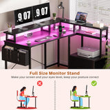 Homieasy Computer Desk with File Drawer Cabinet, L Shaped Office Desk with Printer Stand & Full Monitor Stand, 48 Inch Gaming Desk with Power Outlets Led Light Storage Bag Hanging Hooks, Black Homieasy