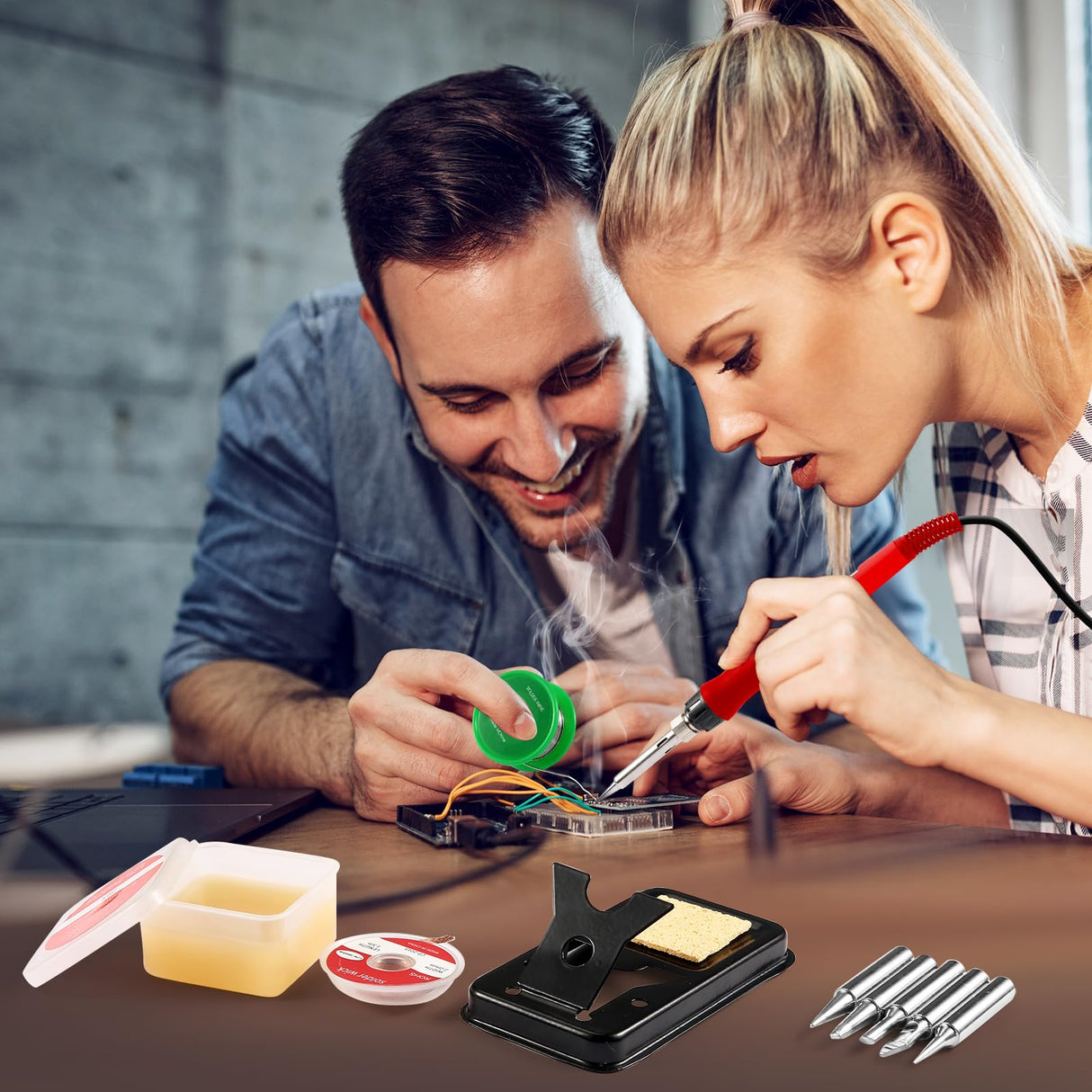 Soldering Iron Kit, 100W LED Digital Solder Gun kits with Ceramic Heater, Adjustable Temperature Welding Tools with Tips, Wick Braid, Stand, Solders Wire, Sponge, Flux Paste, Red Q-MING