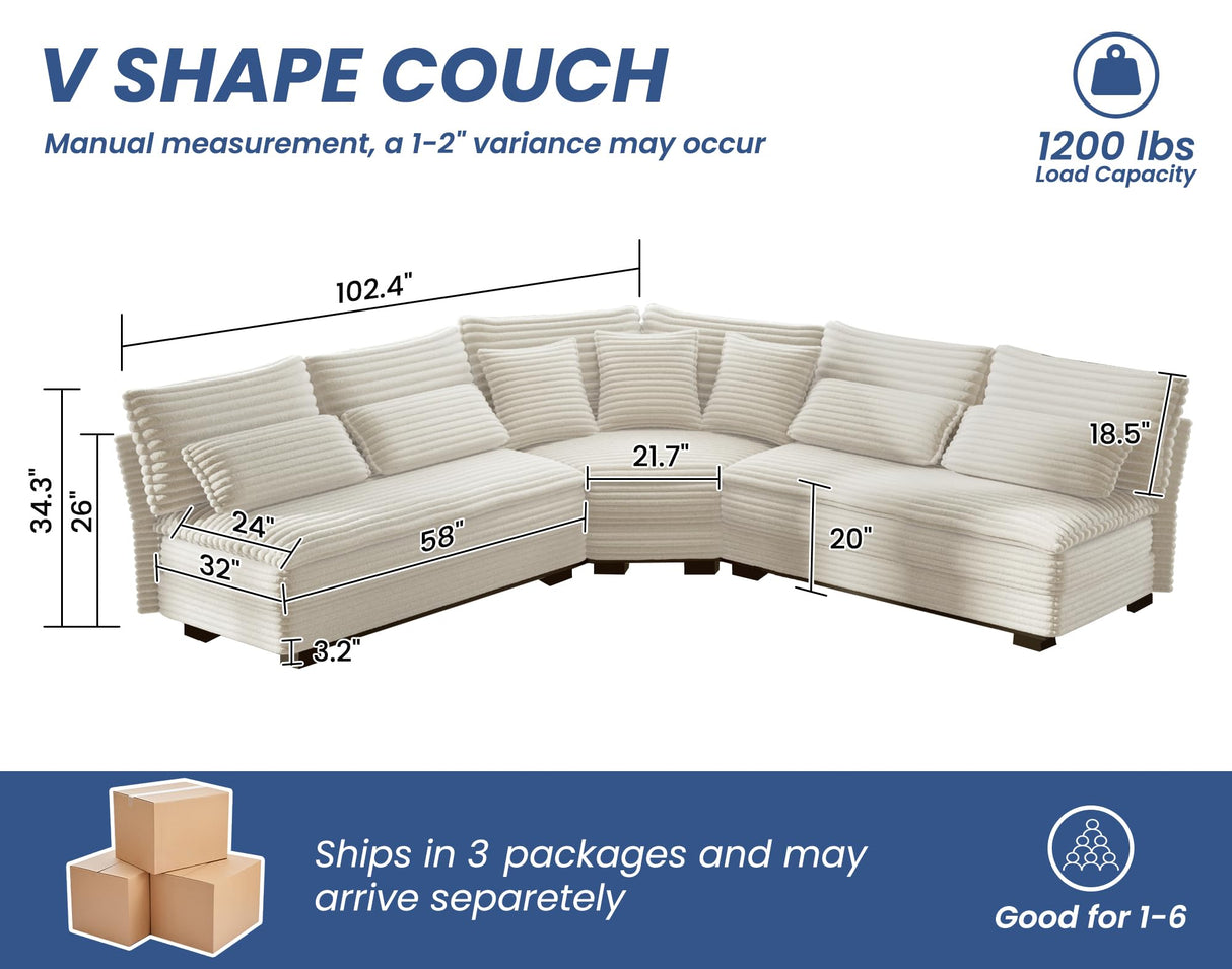 5-Seater Sectional Couch, 102" L-Shaped Corner Sofa, Oversized Corduroy Cloud Couch with 2-Layer Cushions for Living Room, Aparment (White) SUNWAVE