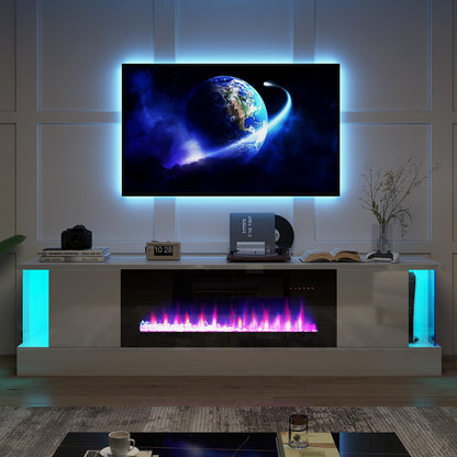 LUXOAK Fireplace TV Stand with 40" Electric Fireplace, 80" Modern Wood Grain High-Gloss TV Cabinet for Living Room, LED Entertainment Center with Flip-Down Doors for TVs up to 85", White