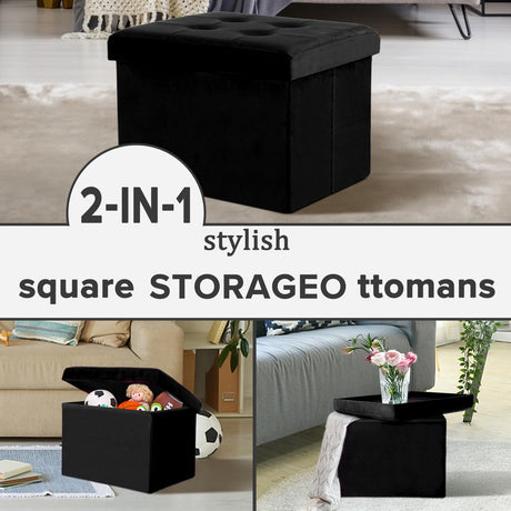 LINMAGCO Storage Ottoman Folding Foot Stool Velvet Ottoman Foot Rest with Padded Modern Ottoman with Storage for Living Room Puppy Step Stool 17x13x13in(Black) LINMAGCO