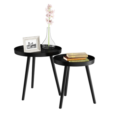 Nesting Side Tables - Set of 2 Round End Tables for Living Room, Bedroom, or Home Office - Accent Table Set with Tray Tops - Mid-Century Modern Living Room Furniture by Lavish Home (Black) Lavish Home