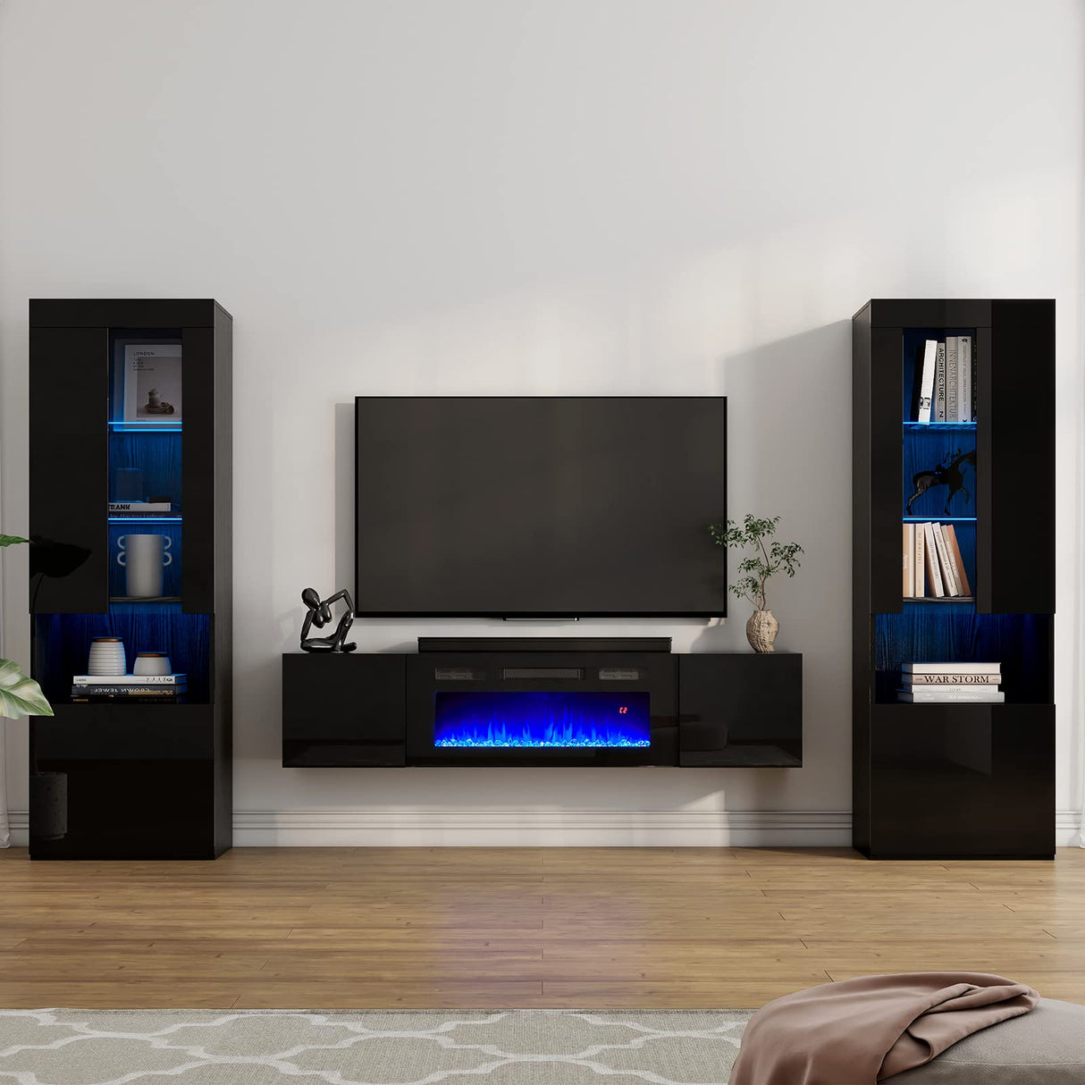 AMERLIFE High Gloss Living Room Entertainment Center with LED Lights, Including Floating Fireplace TV Stand with 36" Electric Fireplace & 2 Bookcases with Glass Doors, Black AMERLIFE