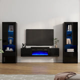 AMERLIFE High Gloss Living Room Entertainment Center with LED Lights, Including Floating Fireplace TV Stand with 36" Electric Fireplace & 2 Bookcases with Glass Doors, Black AMERLIFE