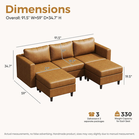 ABCASA Faux Leather U Shaped Modular Sectional Sofa 91.5", 5 Seater Couch with Movable Ottoman Deep Seat and Storage Seat with Removable Cover for Living Room, Apartment - Brown ABCASA