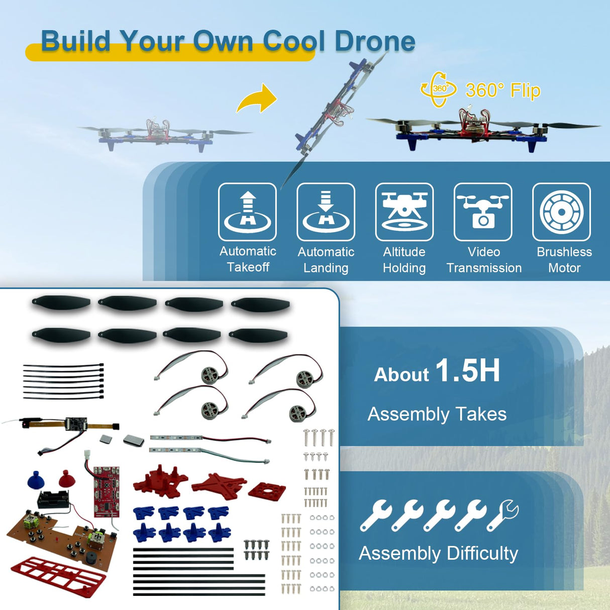 Quadrotor Drone DIY Kit: A Unique STEM Project with Brushless Motor, Optical Flow Hovering, One-Click Takeoff and Landing, and 360° Flip for DIY Enthusiasts to Learn Drone Basics EIELEDIY