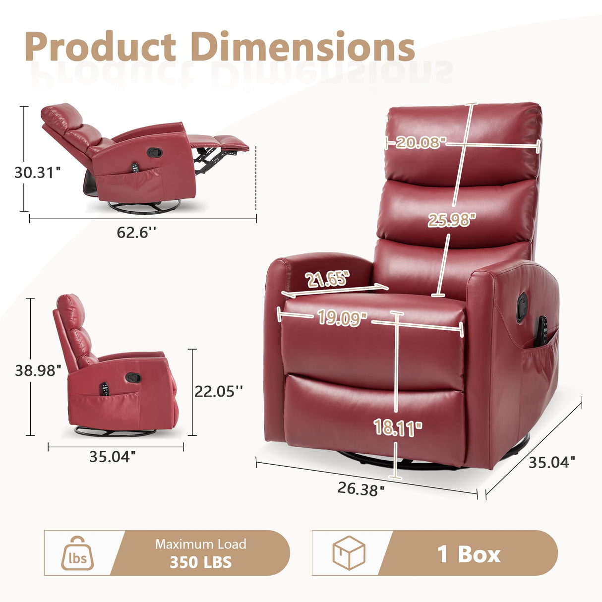 cinkehome Small Swivel Rocker Recliner Chair with Heated Massage, Upholstered Nursery Glider Recliner Chair, High Back, Side Pocket (Red PU Leather) cinkehome