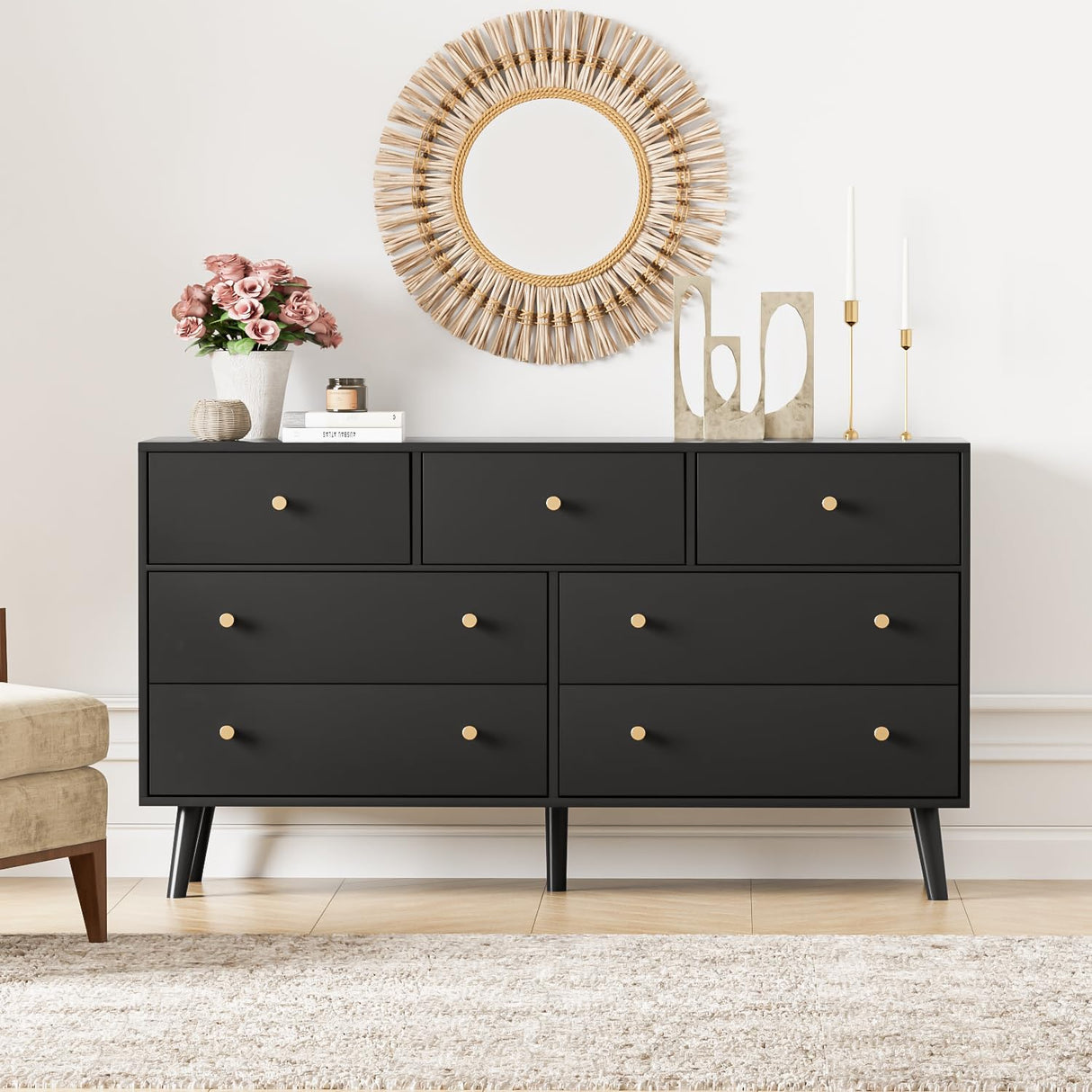 Wananlanen 7 Drawers Dresser for Bedroom, 55'' Dressers & Chests of Drawers with Gold Handles and 7 Large Drawer, Modern Double Wooden Storage Organizer Cabinet, Hallway, Black Wananlanen