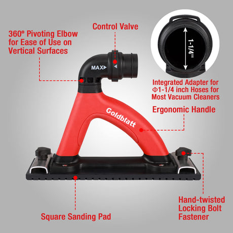Goldblatt Dust Free Hand Sander, Dustless Drywall Vacuum Sander, with 6.5 ft Hose, Sanding Pad, Adapter Goldblatt