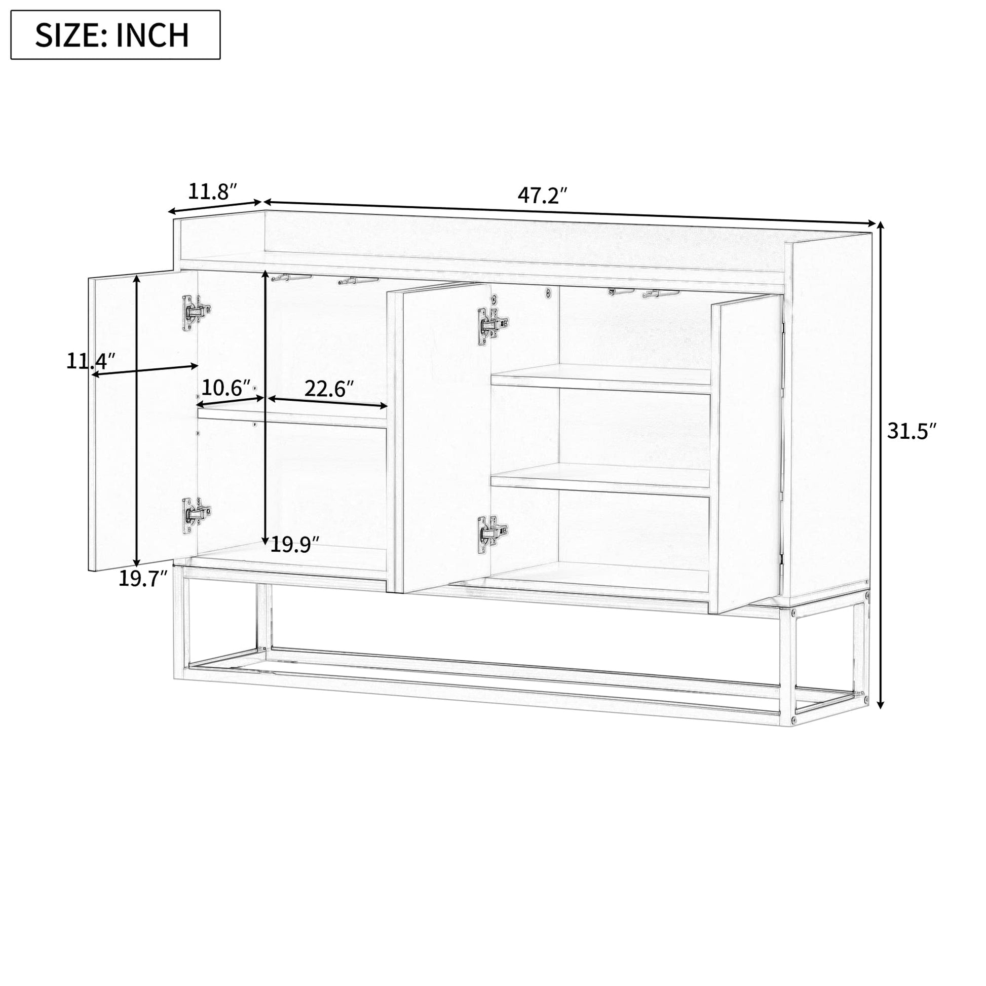 LUMISOL Wood Storage Sideboard Buffet Cabinet with Adjustable Shelves and Fence Tabletop, Modern Kitchen Sideboard Cabinet with Metal Base - WoodArtSupply