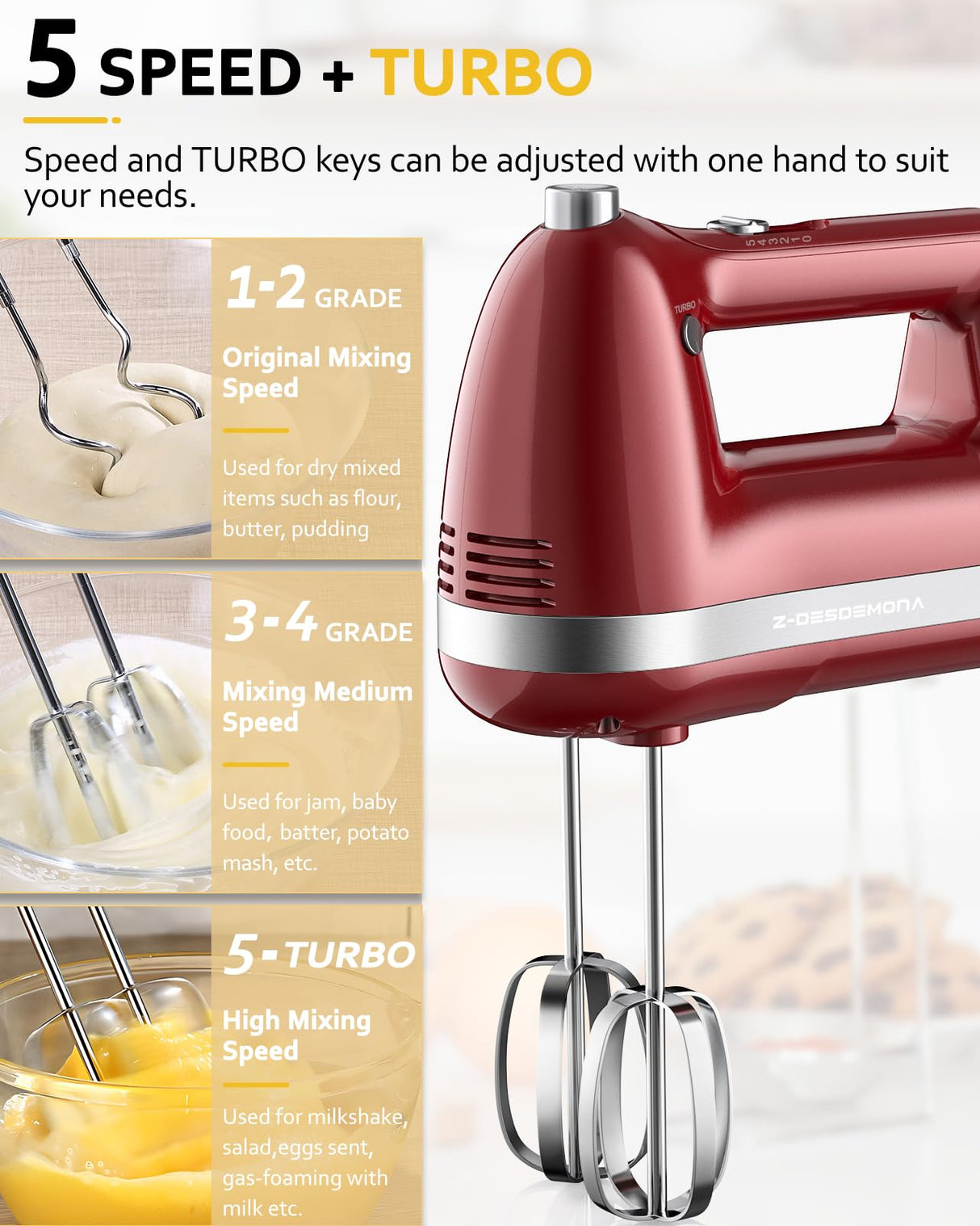 Z-DESDEMONA Electric Hand Mixer, Powerful 300W Hand Mixer Electric Handheld with 304 Beaters, Dough Hook, Hand Held Mixer with Turbo for Baking Cakes, Eggs, Cream Food(Red) Z-DESDEMONA