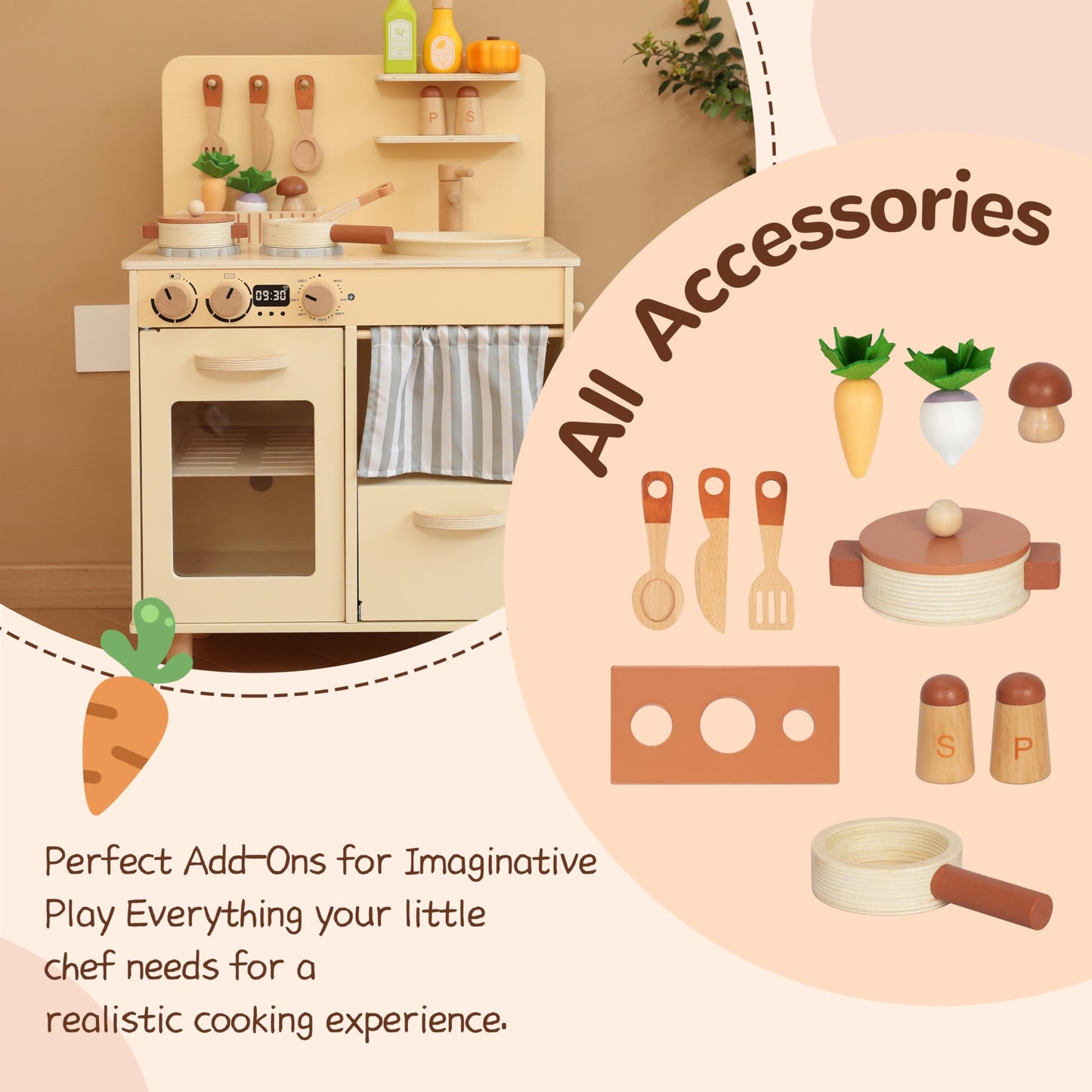 Leeshyah Play Kitchen for Kids, Classic Wooden Kitchen Playset with Food Accessories Set Ideal for Creative Pretend Play, Suitable for Toddlers, Girls & Boys Ages 3+