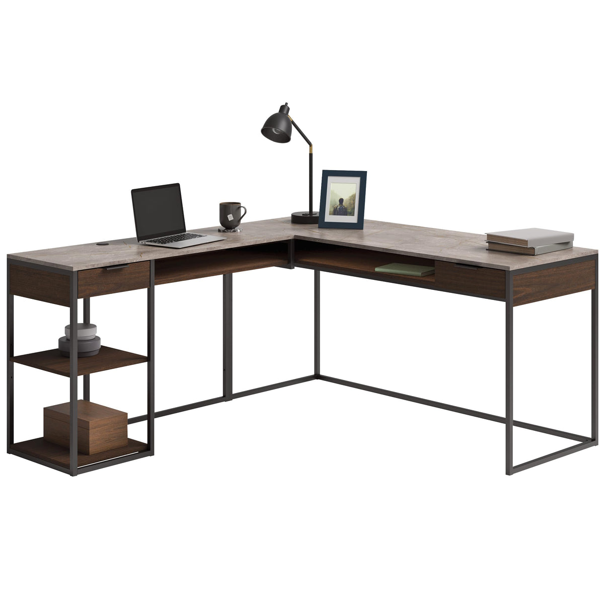 Sauder International Lux Modern L-Shaped Desk, L: 65.98" x W: 60.0" x H: 29.72", Umber Wood finish Sauder