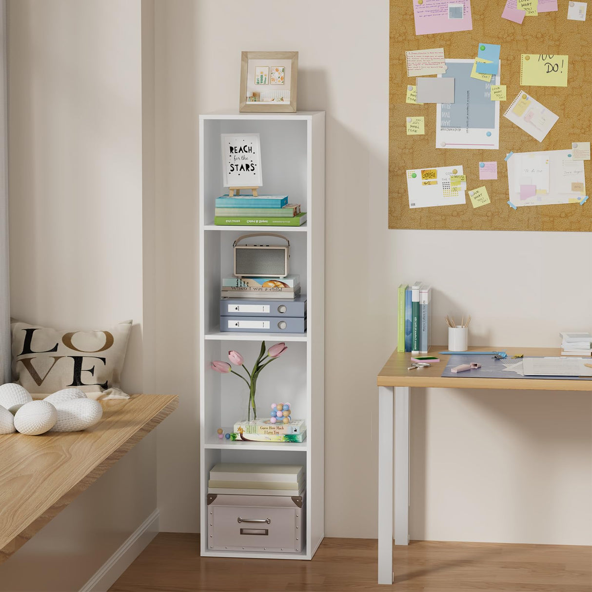 Nestwise 4 Tier Bookshelf, Freestanding Corner Storage Shelve Book Case for Narrow Space, 4 Cube Storage Organizer Small Bookcase for Home Office Living Room (White, 4 Cube) Nestwise