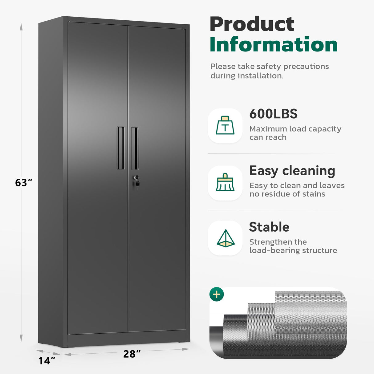 Greenvelly Metal Pantry Cabinet, 63”Tall Black Kitchen Pantry Storage Cabinets with 2 Lock Doors and 4 Adjustable Shelves for Home Office, Dinning Room,Garage Greenvelly