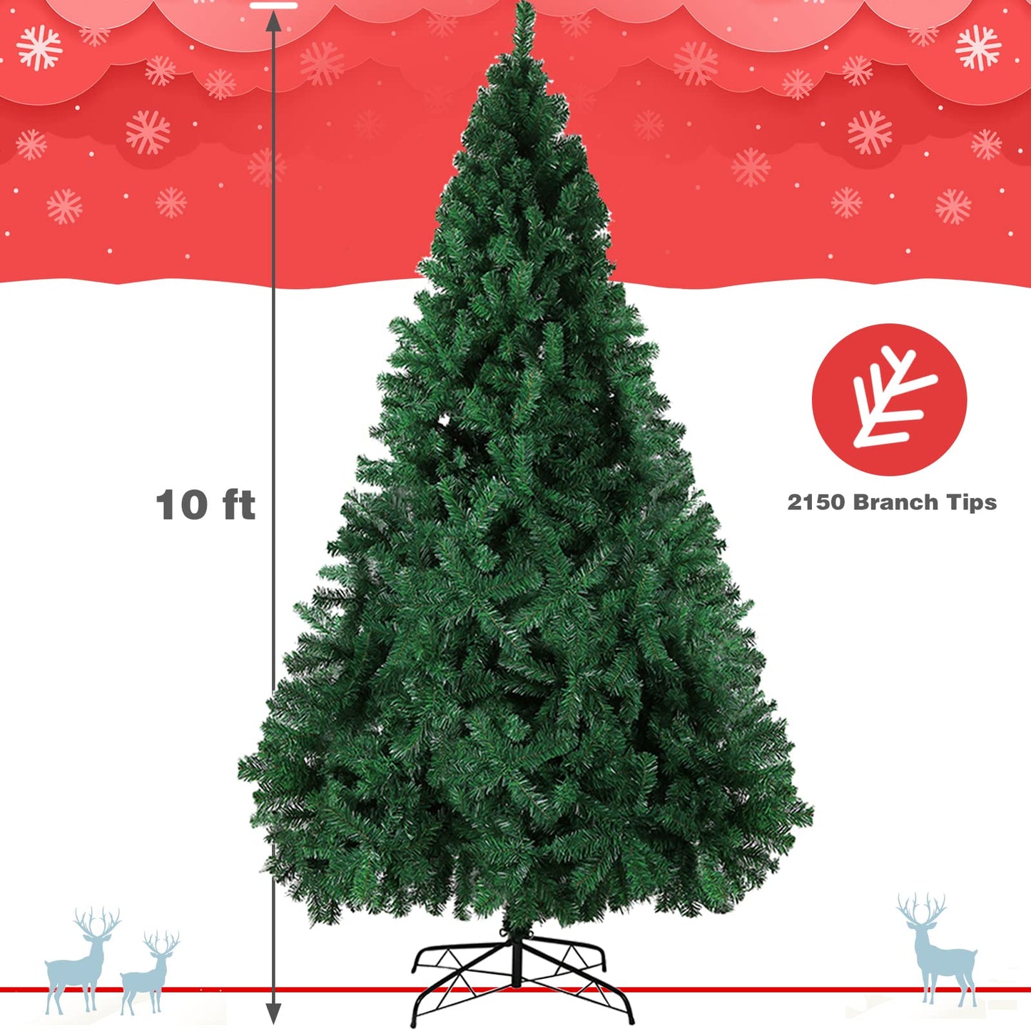 BDL 10FT Green Christmas Tree Premium Hinged Artificial Pine Tree with Solid Metal Stand and Decorations,2150Tips