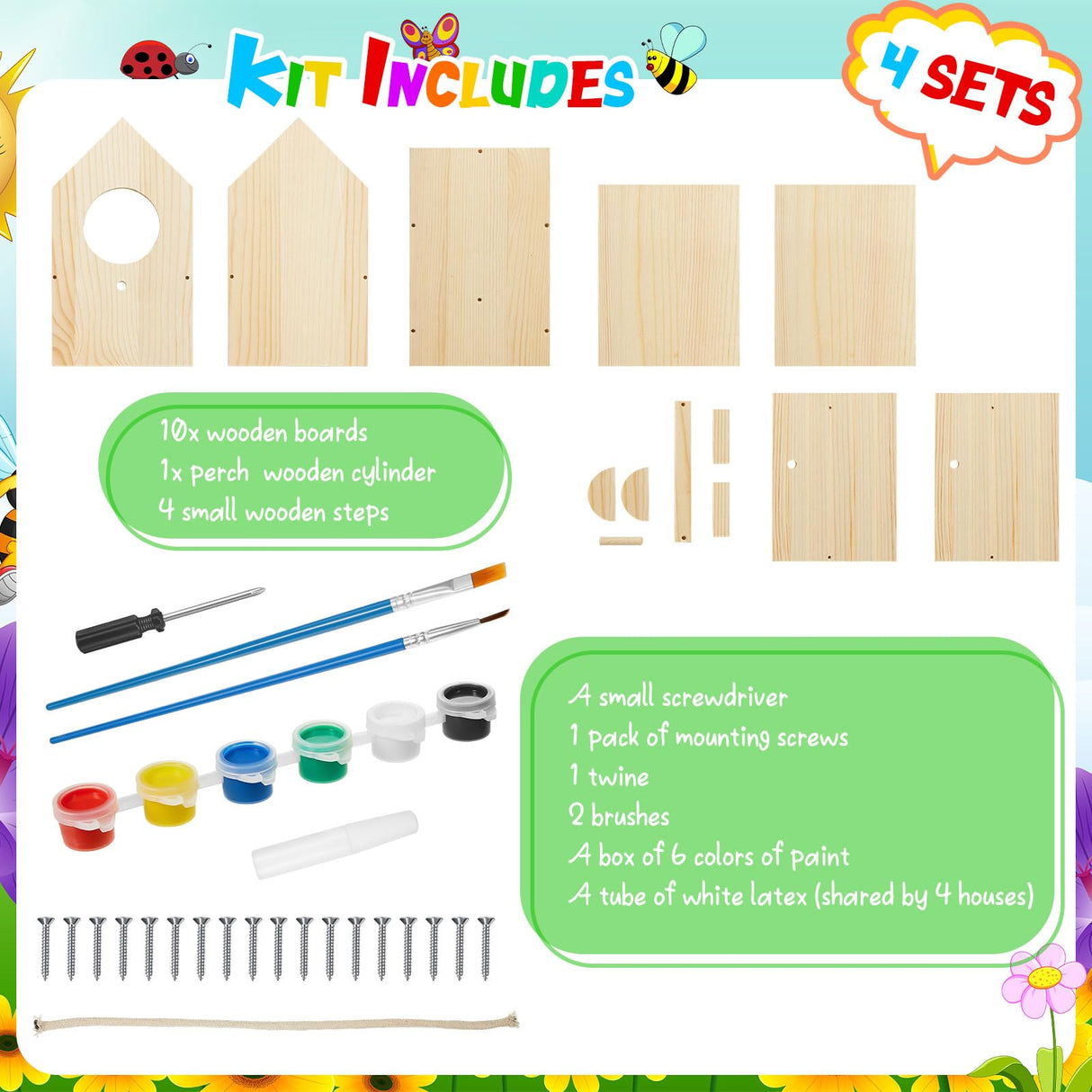 Liliful 4 Pack Birdhouse Kit DIY Wooden Bird House with Paint and Paintbrushes Arts and Crafts Painting Kits for Boys Girls Adults Build Paint Fun Classroom Birthday Indoor Outdoor Craft (Cute) Liliful