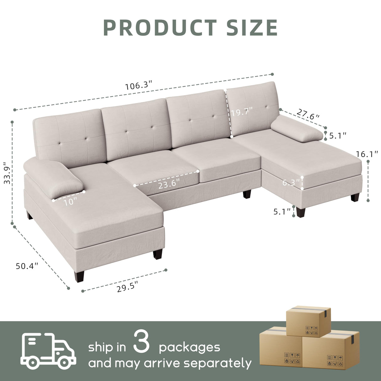 Shintenchi Sectional Sofas for The Living Room, U-Shaped Couch with Dual Chaise Lounge, 4-Seat Furniture Set Featuring Soft Cushions and Linen Fabric,Creamy White Shintenchi