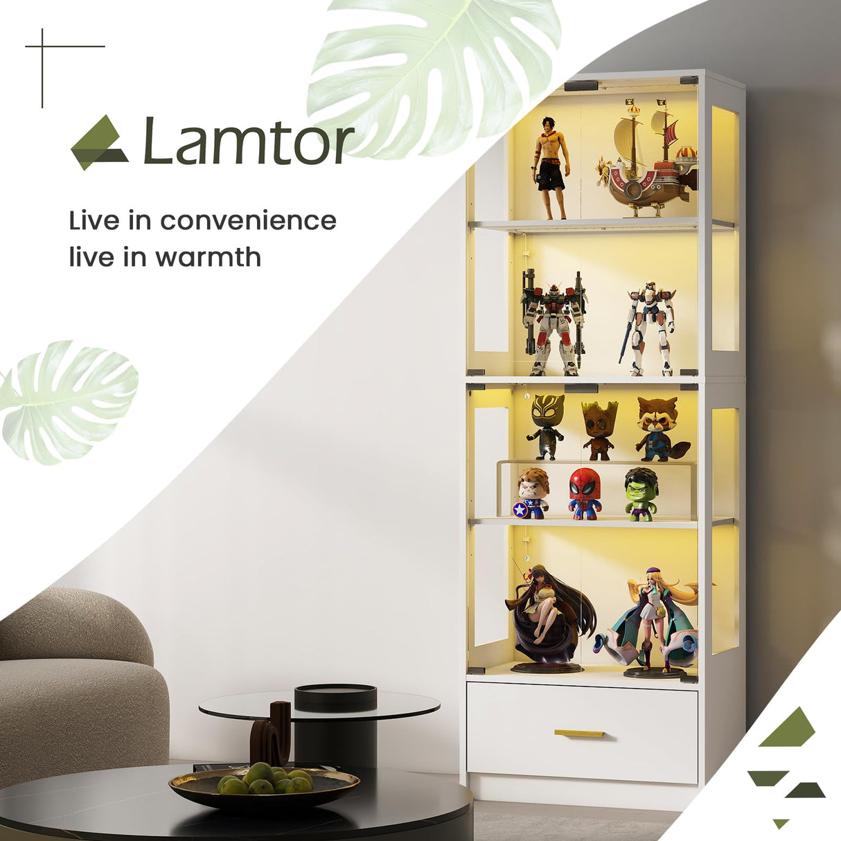 Lamtor Display Cabinet with Glass Doors - 67" Curio Cabinet with RGB LED Lights and Drawer for Collectibles, 4 Tier Glass Display Case for Living Room, Office, White (Narrow) Lamtor