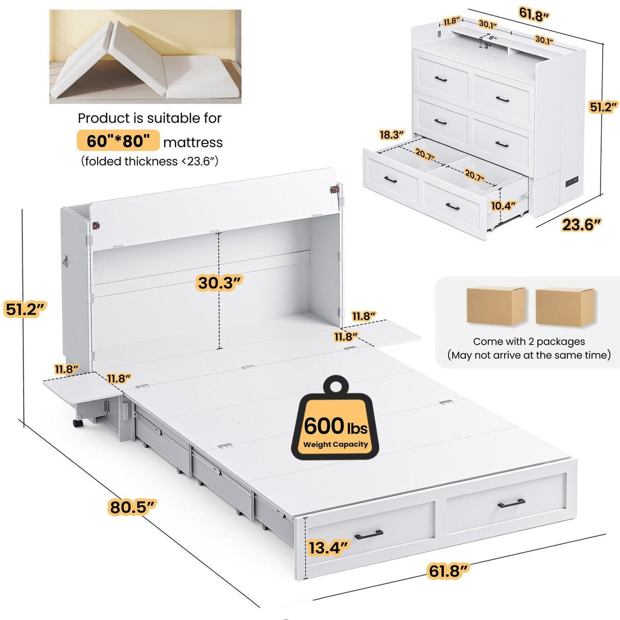 Kikihouse Murphy Bed with Storage & Charging Station, Queen Size Murphy Cabinet Bed Hideaway Bed with Motion Sensor Lights for Bedroom/Guest Room/Office, Foldable Platform Bed Frame, White Kikihouse