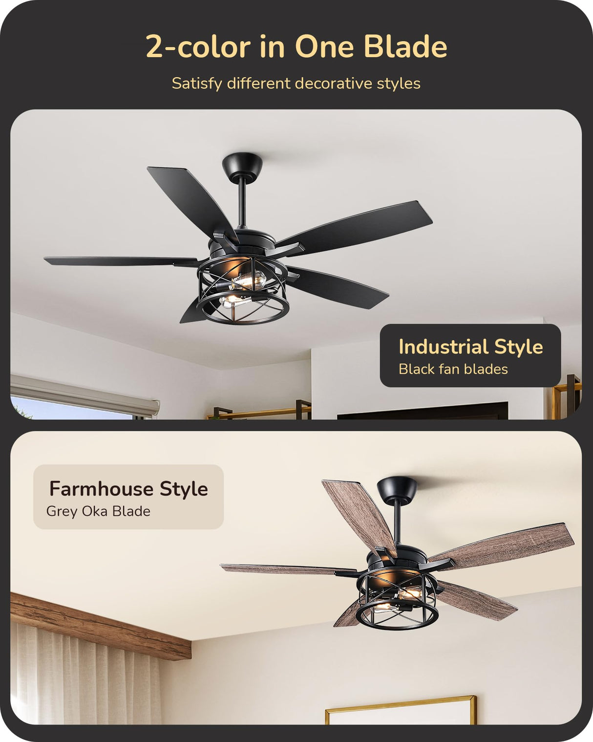 EDISHINE 52" Black Farmhouse Ceiling Fans With Lights, Remote Control, Reversible DC Motor, Dimmable, 5 Wooden Blades Rustic Indoor/Outdoor Ceiling Fan for Living Room Bedroom Porch EDISHINE