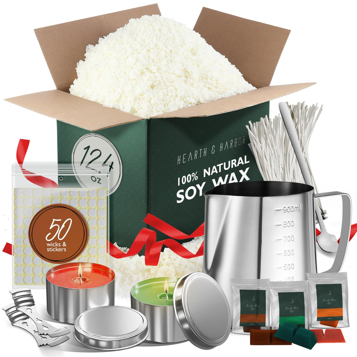 Hearth & Harbor Soy Candle Wax for Candle Making - Natural Soy Wax for Candle Making Kit 12.4 oz Bag, Premium Soy Wax Flakes, 2 Candle Tins, 50 Cotton Candle Wicks and Stickers, 2 Centering Devices Hearth & Harbor