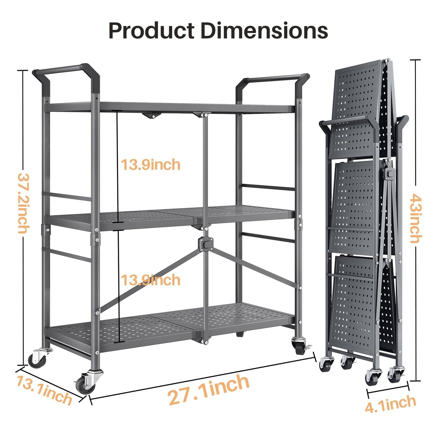 Rolling Utility Cart Folding Cart with Wheels - 3 Tier Collapsible Metal Cart, Large Capacity - WoodArtSupply