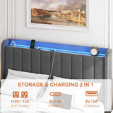 TIGUBFRE Dark Grey Full Size Upholstered Bed Frame with LED Lighting, Storage Headboard & Drawers TIGUBFRE