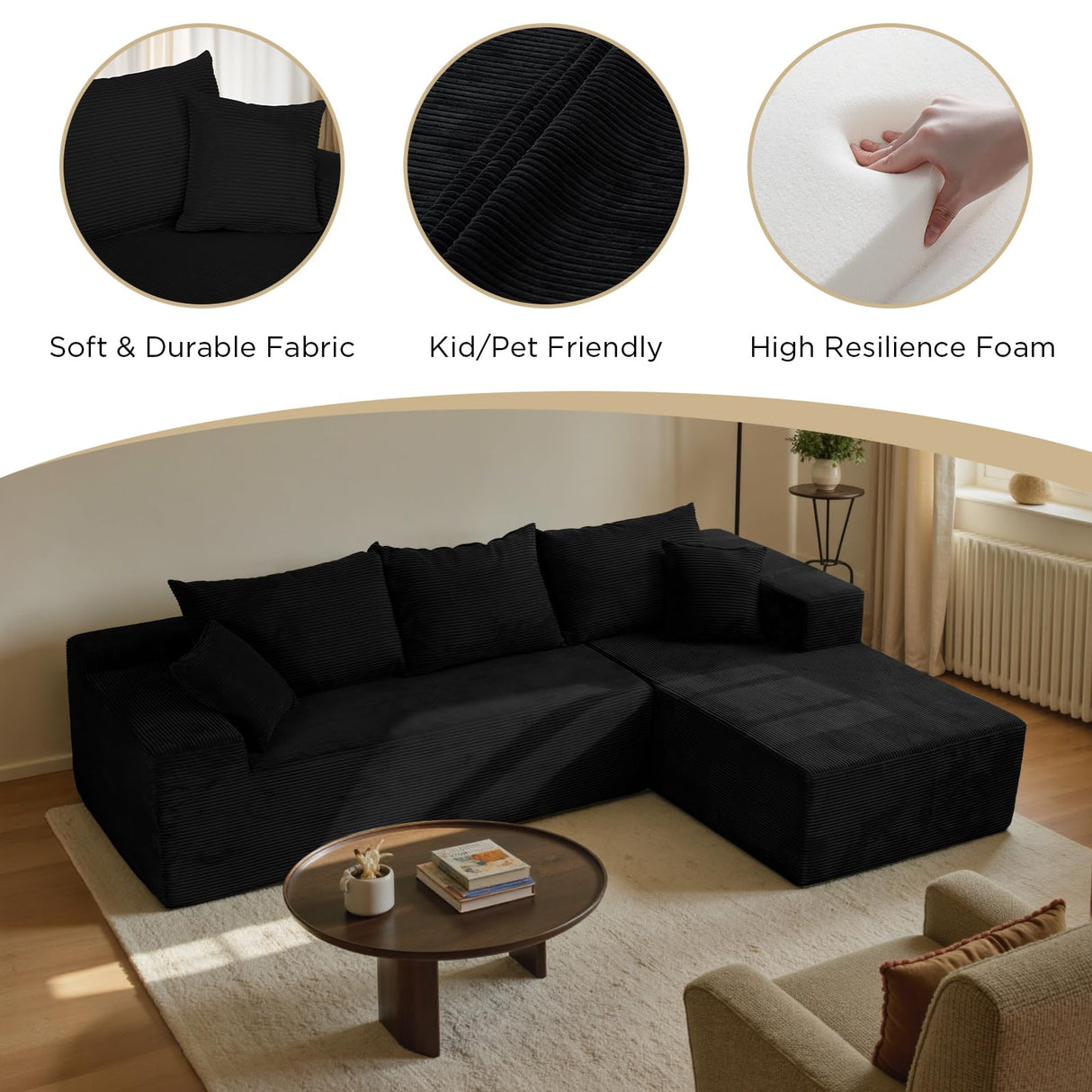 Black Cloud Couch Sectional Sofa in Box with L-Shape Chaise,Modern Modular Couches Upholstered with Deep Seat for Living Room,No Assembly Required SIMTONAL