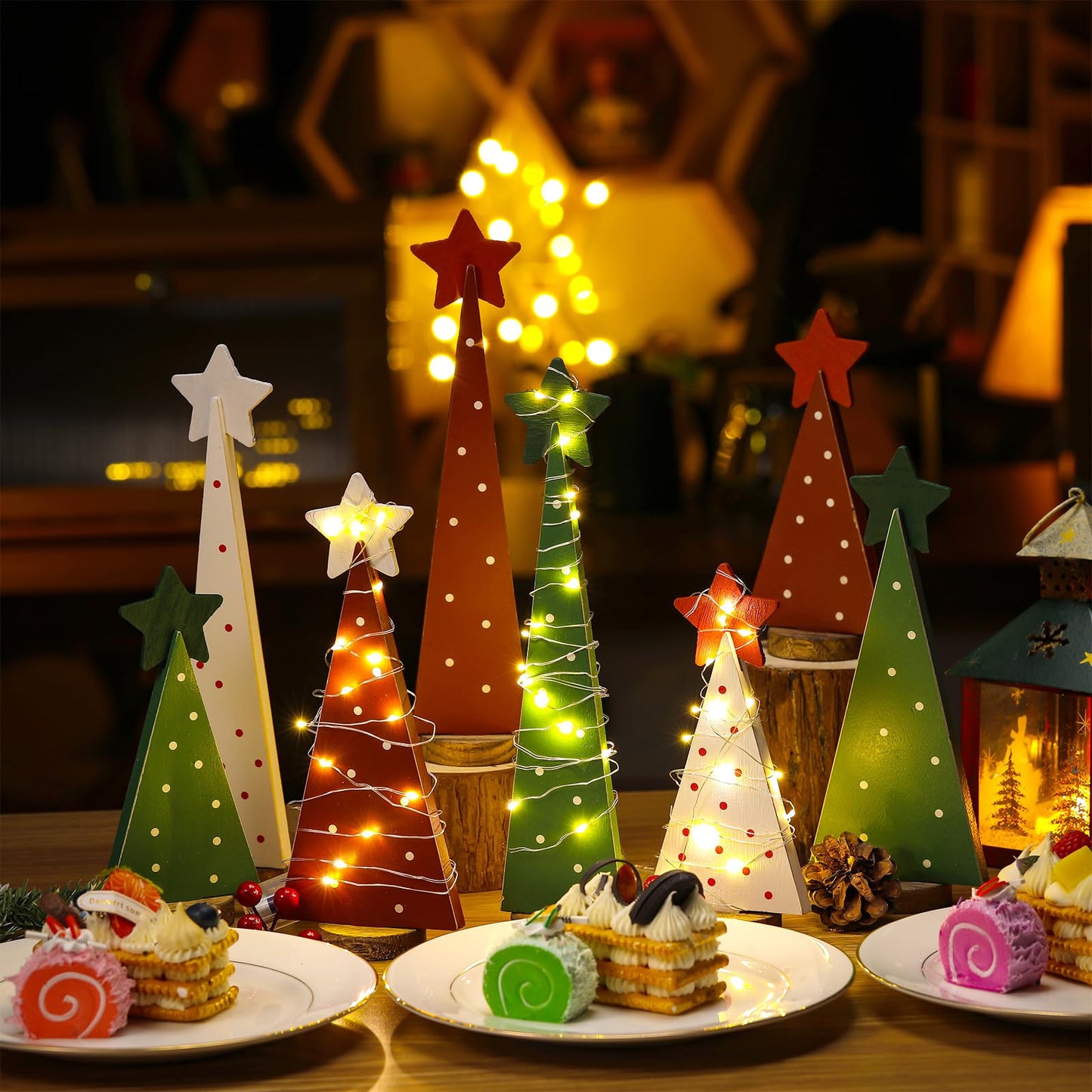 Colingmill 9 Pcs Wooden Christmas Tree Tabletop Decor Sanding Rustic Wood Christmas Tree Sign with 3 Pcs 6.56 ft LED Lights for Xmas Home Decor Farmhouse Freestanding Centerpieces Holiday Decorations