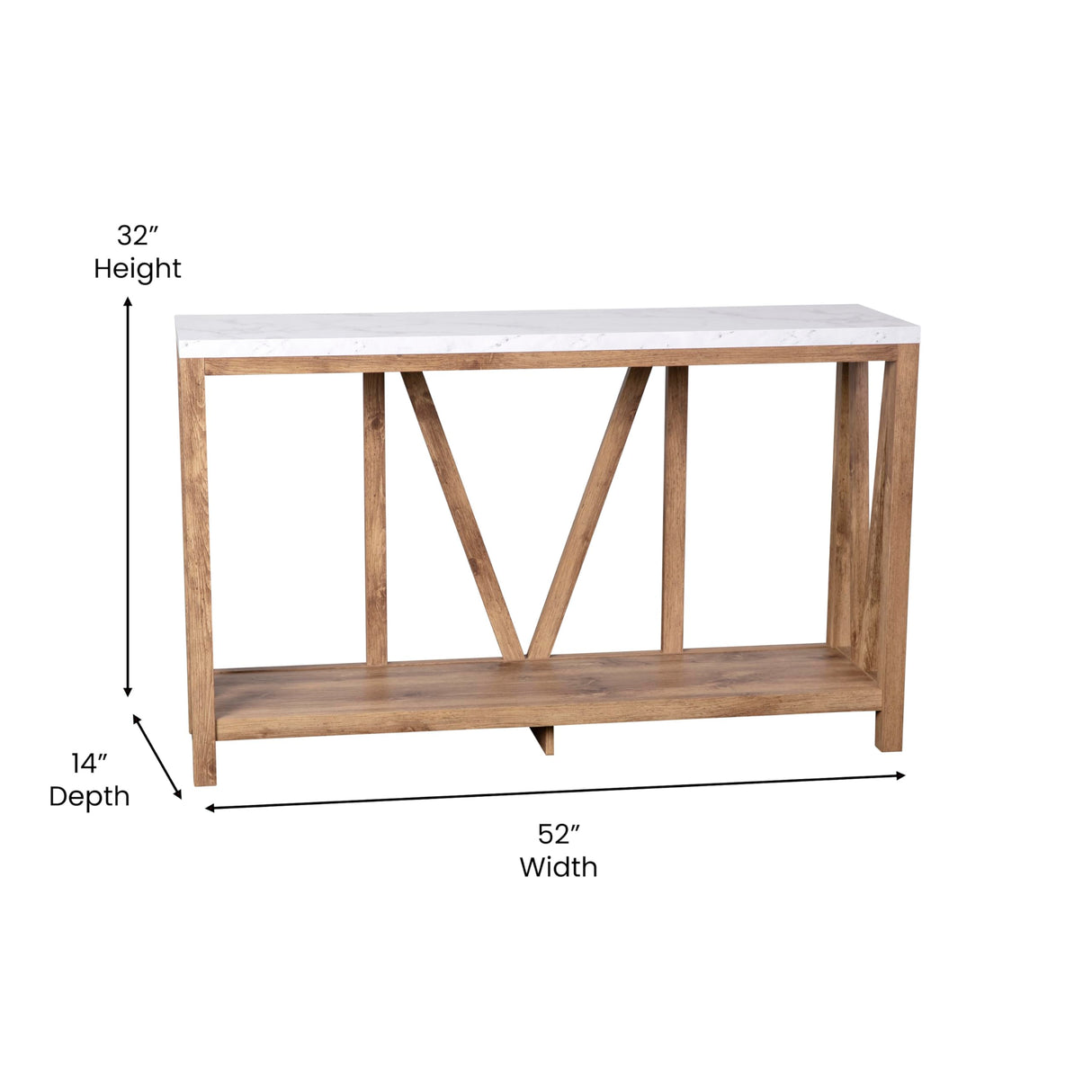 EMMA + OLIVER Owen Sofa Table - Modern Farmhouse Design - Engineered Wood Construction in Warm Oak - Faux Marble Top - Protective Floor Glides EMMA + OLIVER