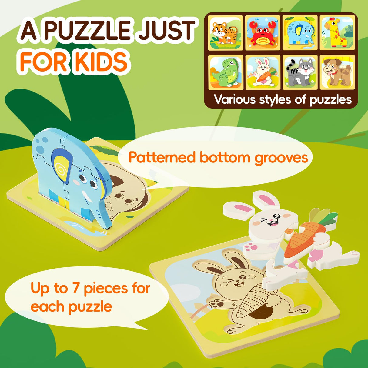 FunMission Puzzles, 8Pcs Animals Jigsaw Puzzles Toddler Toys, Brain Teaser Puzzles Montessori Toys, Wooden Puzzle Games, Educational Puzzles STEM Toys for 3+ Year Old Kids, for Kids FunMission