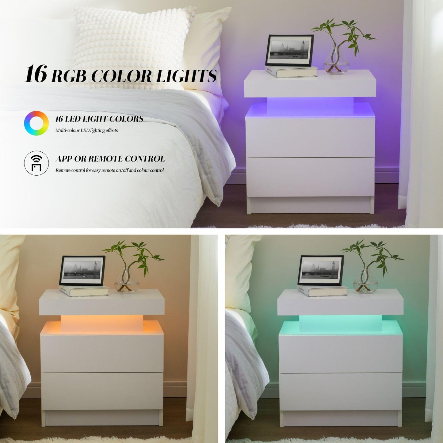 Cubehom White Nightstand Set of 2 LED Night Stand for Bedroom White Modern LED Bedside Table with 2 Drawers End Side Table - WoodArtSupply