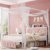 Full Upholstered Canopy Bed Frame with 2 Drawers & Crystal Tufted Storage Headboard Two-Purpose Metal Platform Bed with 4 Removable Posts & Charging Station Pink Princess Bed, Curtain Not Included Keyluv