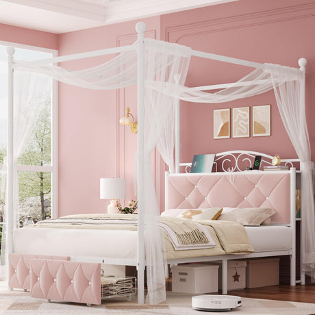 Full Upholstered Canopy Bed Frame with 2 Drawers & Crystal Tufted Storage Headboard Two-Purpose Metal Platform Bed with 4 Removable Posts & Charging Station Pink Princess Bed, Curtain Not Included Keyluv