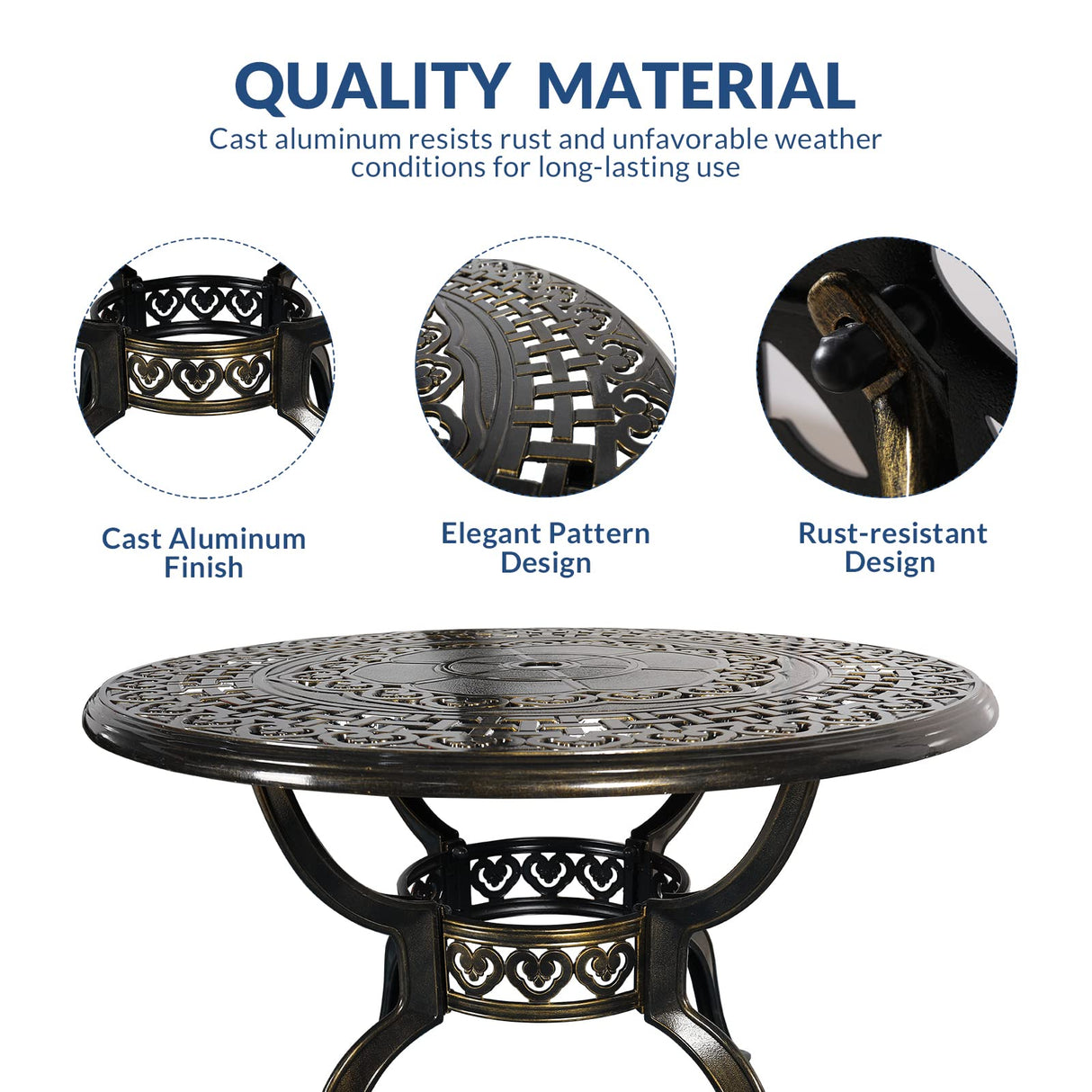 SOCIALCOMFY 5-Piece Outdoor Patio Dining Set, All-Weather Cast Aluminum Furniture Conversation Set, Include 4 Cushioned Chairs and a 38.5” Round Table with Umbrella Hole for Balcony, Lawn, Khaki SOCIALCOMFY