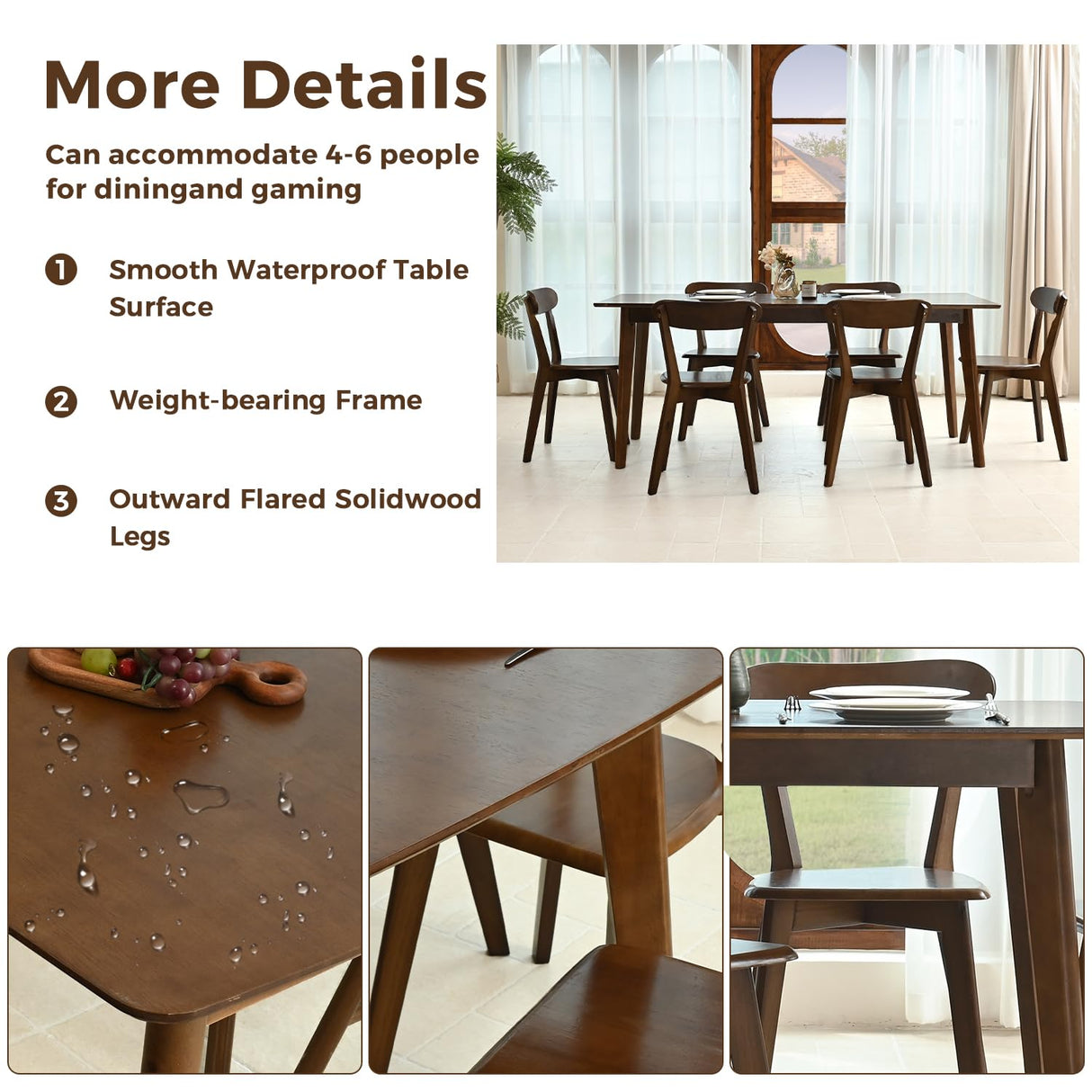 DELAVIN 62.9" Solid Wood Dining Room Table Set for 6 People, Mid Century Kitchen Table with 6 Oak Wood Chairs for Home, Apartment, Modern Dining Table and Chairs Set for Whole Family, Walnut DELAVIN