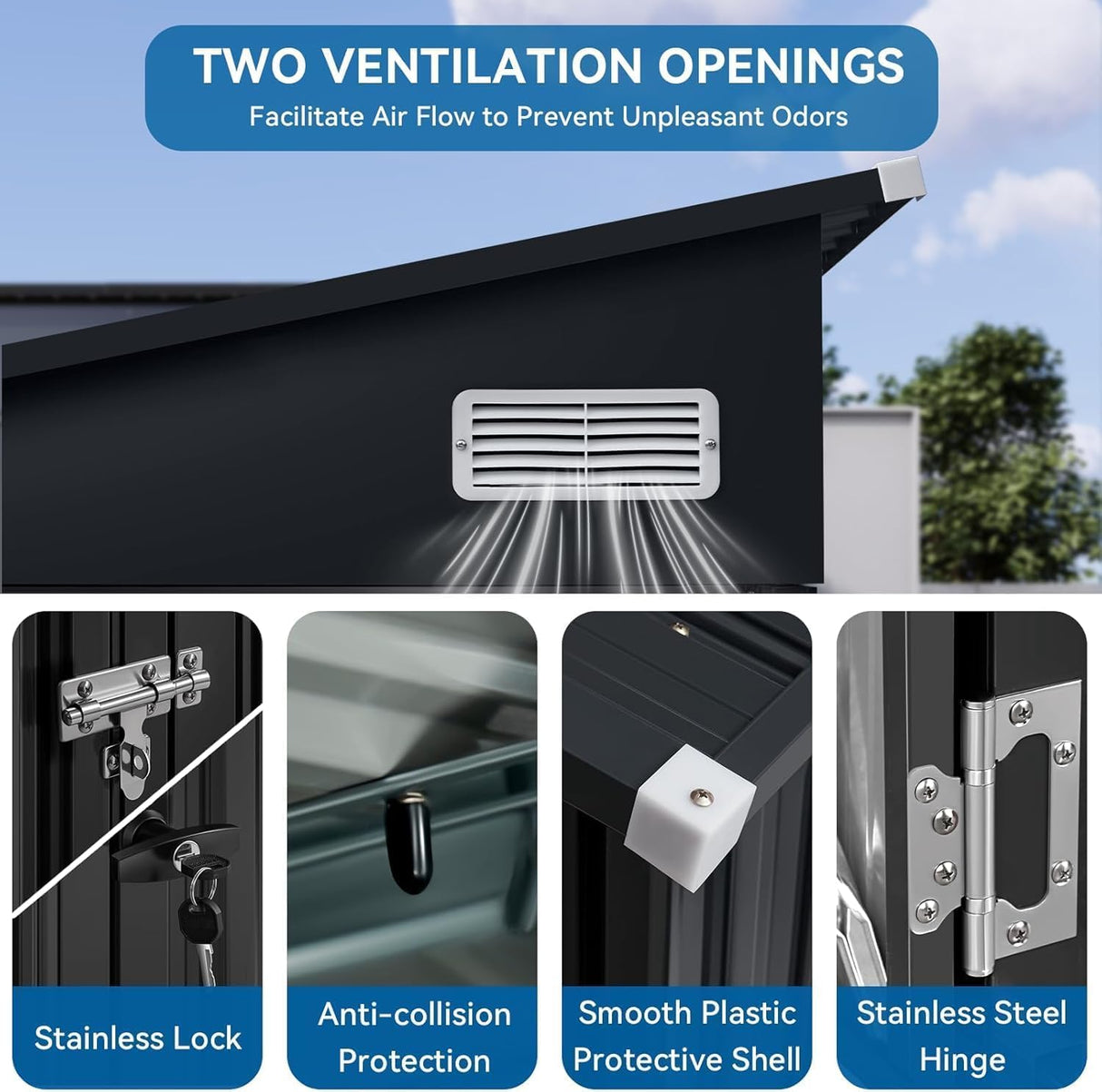 BinpLax 8'x4' Shed Galvanized Steel Storage Sheds with Triple Doors Weatherproof Outdoor Utility Sheds, Dual Lock Lean to Shed with Sloped Roof for Mower, Bike, Generator, Garden Tools (Black) BinpLax