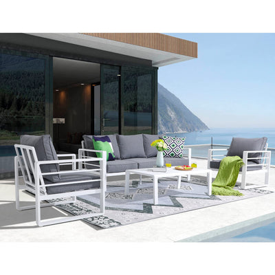Patiorama Aluminum Patio Furniture Set, 4 PCS Modern Patio Conversation Set, All Weather White Outdoor Sectional Sofa Set w/Coffee Table, 3-Seater Sofa, Superior Olefin Cushion, Garden-Grey Cushion