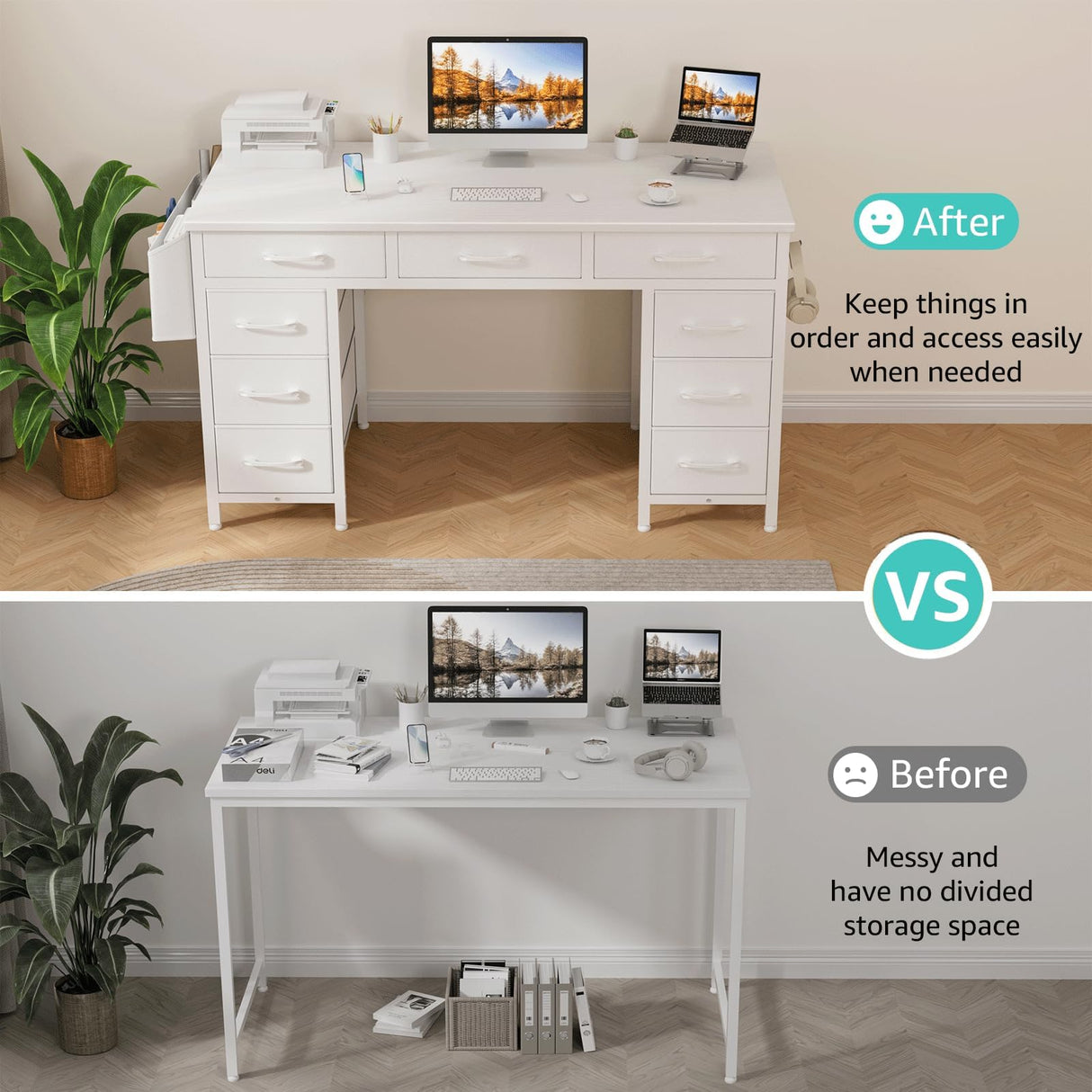 Lufeiya 47 Inch Computer Desk with 9 Drawers, Office Desk Work Desk for Home Office, Study, Writing, Vanity Desk with Fabric Drawers on Both Sides, Large Storage, White Lufeiya