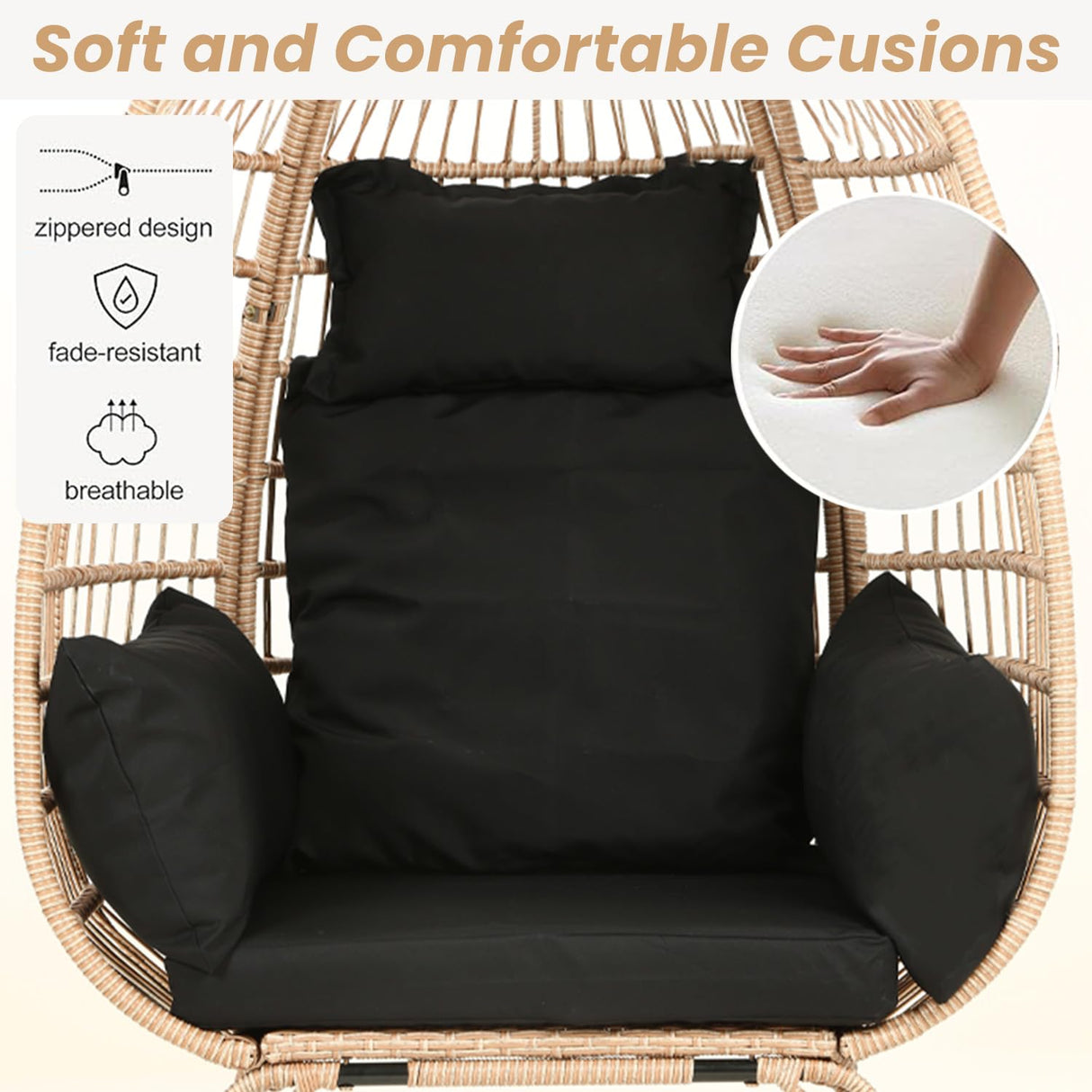 Egg Chair Outdoor Rattan Patio Egg Chair Hand-Woven Oversized Wicker Egg Chair Outdoor Indoor Lounge Chair with Padded Cushions Steel Frame for Living Room Backyard Patio Porch, Black FDW