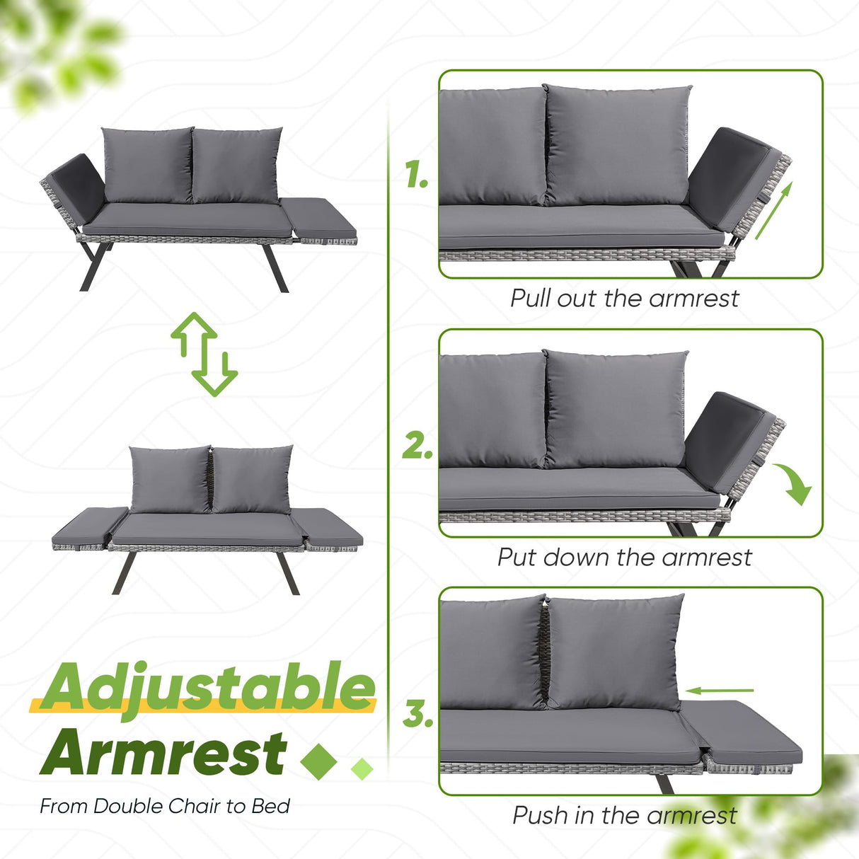 Greesum Outdoor Sofa, Woven Rattan Patio Furniture, Convertible Daybed or Double Chair with Adjustable Armrests, Cushions and Pillows for Yard, Porch, Pool, Gray Lounger & Blue Pillowcase Greesum