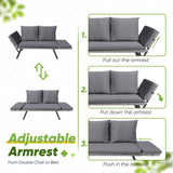 Greesum Outdoor Sofa, Woven Rattan Patio Furniture, Convertible Daybed or Double Chair with Adjustable Armrests, Cushions and Pillows for Yard, Porch, Pool, Gray Lounger & Blue Pillowcase Greesum