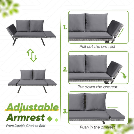 Greesum Outdoor Sofa, Woven Rattan Patio Furniture, Convertible Daybed or Double Chair with Adjustable Armrests, Cushions and Pillows for Yard, Porch, Pool, Gray Lounger & Blue Pillowcase Greesum