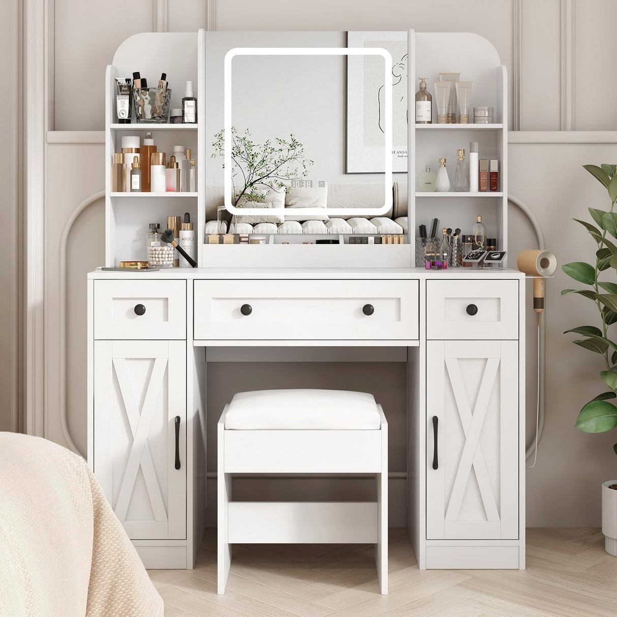 Fameill Vanity Mirror with Lights, Makeup Vanity Desk and Chair, White Vanity Table with Large Storage Drawers and Shelves, Time and Temperature Display, 3 LED Lighting Modes Adjustable Fameill