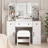 Fameill Vanity Mirror with Lights, Makeup Vanity Desk and Chair, White Vanity Table with Large Storage Drawers and Shelves, Time and Temperature Display, 3 LED Lighting Modes Adjustable Fameill