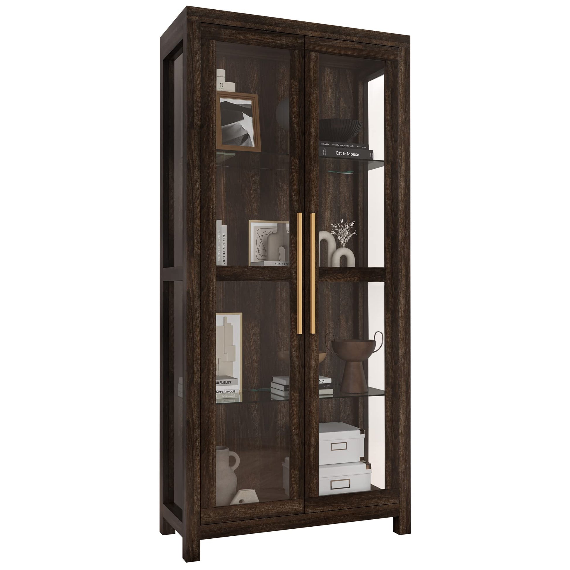 BELLEZE Storage Cabinet, Tall Bookshelf or Display Cabinet for Living Room Bedroom, Curio Cabinet with Tempered Glass Doors, Trophy Display Case, Storage/Organization - Avalon (Dark Walnut) - WoodArtSupply