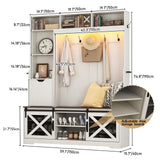 chartustriable 75''H LED Farmhouse Hall Tree with Bench and Shoe Storage,Entryway Bench with Coat Rack,16 Shoe Cubbies & Umbrella Holder and Sock Storage Drawer,Mudroom/Hallway Storage Cabinet(White) chartustriable