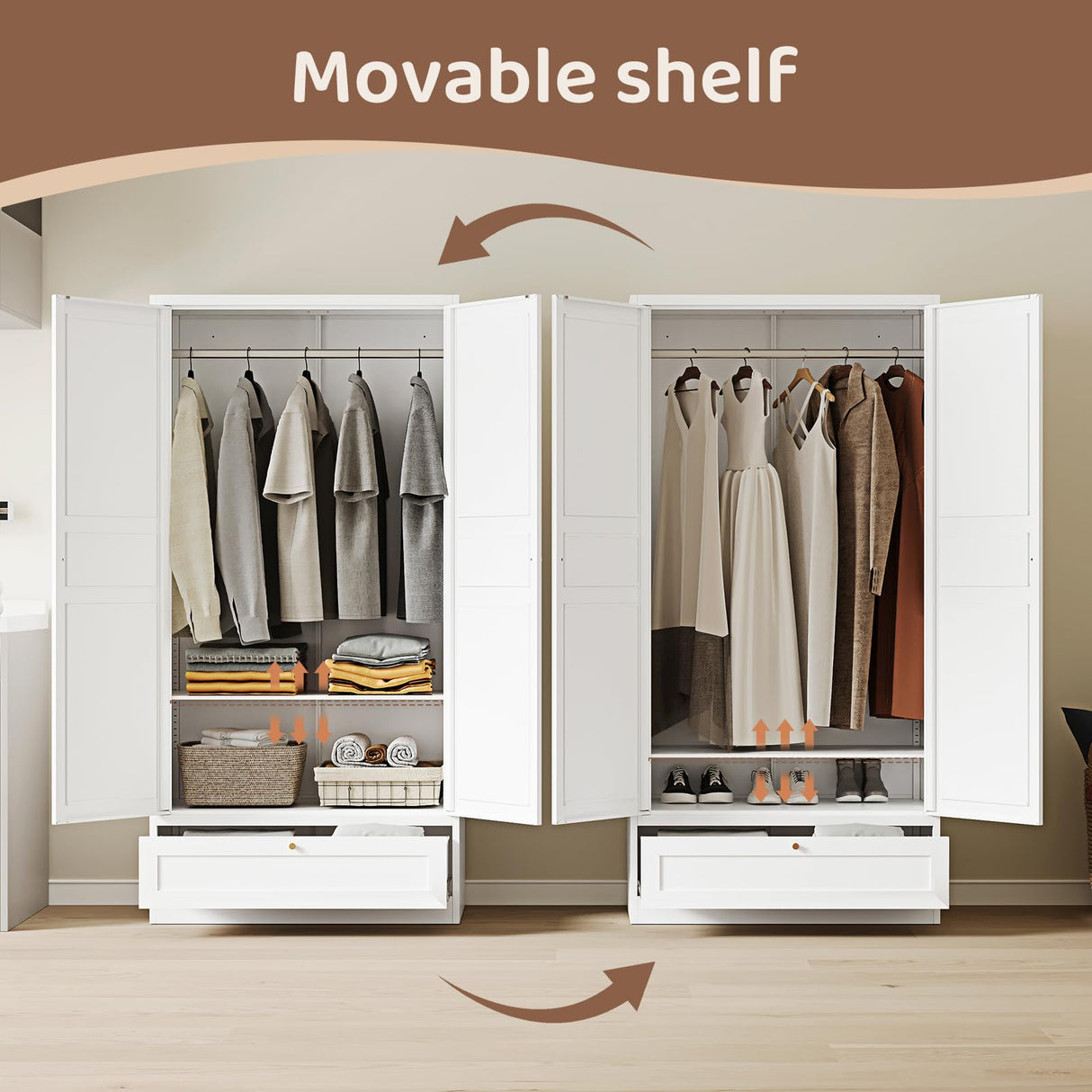 ZAOUS Metal Armoire Wardrobe Closet,72" Tall Wardrobe Cabinet with Drawer,2 Doors Armoire Storage Closet with Adjustable Shelves and Hanging Rod for Bedroom,White ZAOUS