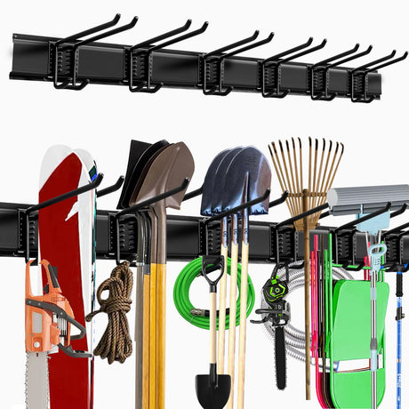 NOEAIKE Garage Storage Rack Hooks, 48 Inch Heavy Duty Wall Mount Garage Organization with 3 Rails and 6 Adjustable Double Wall Hooks,Hanging Shelves for Garden Tool/Broom/Mop(Black) NOEAIKE